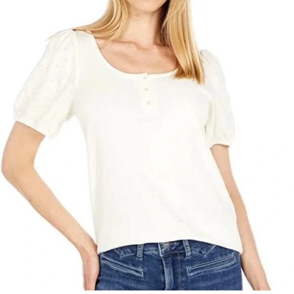 NWT Madewell Eyelet Sleeve Cotton Henley Top in Crème JCrew Popular officewear - Picture 2 of 16